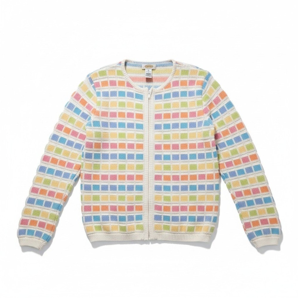 Talbots Pastel Multi Color Geometric Block Zip Up, Woman's Small Cotton Cardigan